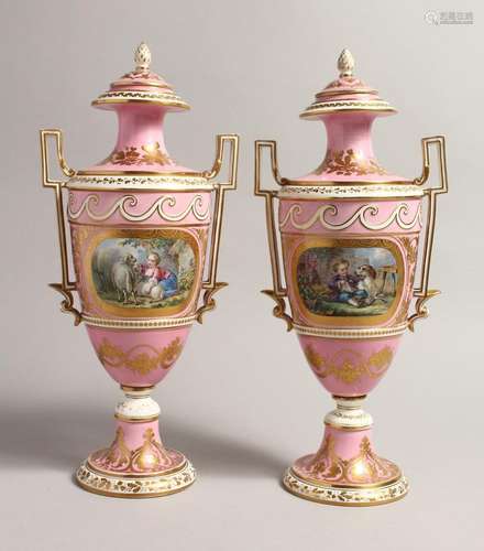 A VERY GOOD PAIR OF 19TH CENTURY SEVRES URN SHAPED TWO HANDL...