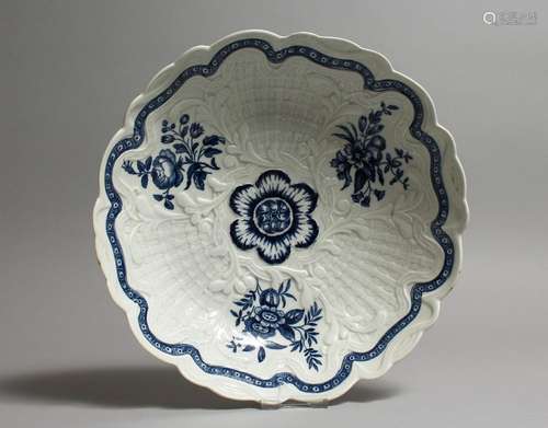 A WORCESTER BLUE AND WHITE JUNKET DISH with moulded decorati...