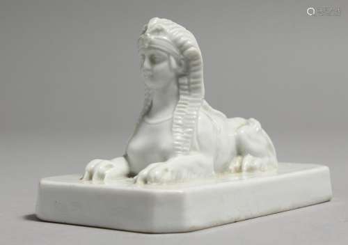 AN EARLY 19TH CENTURY MEISSEN WHITE GLAZE MODEL OF A SPHINX,...