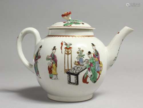 AN 18TH CENTURY WORCESTER TEAPOT AND COVER decorated with a ...