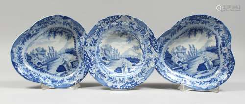 THREE BLUE AND WHITE LANDSCAPE DISHES