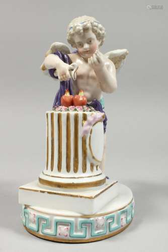 A GOOD DRESDEN PORCELAIN FIGURE OF CUPID setting two hearts ...