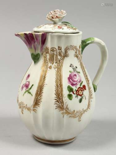 A GOOD MEISSEN RIBBED JUG AND COVER painted with flowers. Cr...