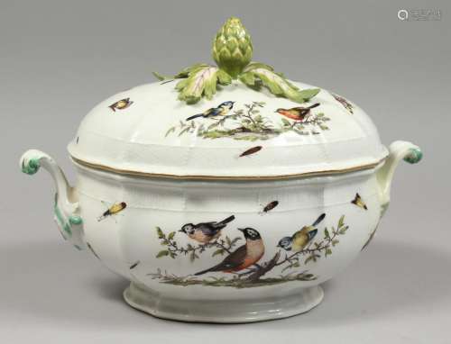 A GOOD MEISSEN OVAL TWO HANDLED TUREEN AND COVER painted wit...