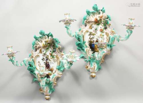 A SUPERB LARGE PAIR OF MEISSEN THREE BRANCH WALL LIGHTS with...