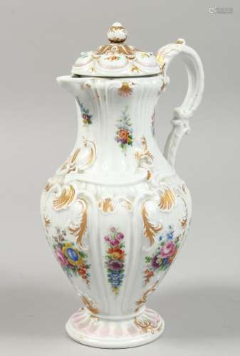 A GOOD MEISSEN COFFEE POT AND COVER, moulded body painted wi...