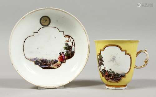 A GOOD 18TH CENTURY MEISSEN YELLOW GROUND CUP AND SAUCER wit...
