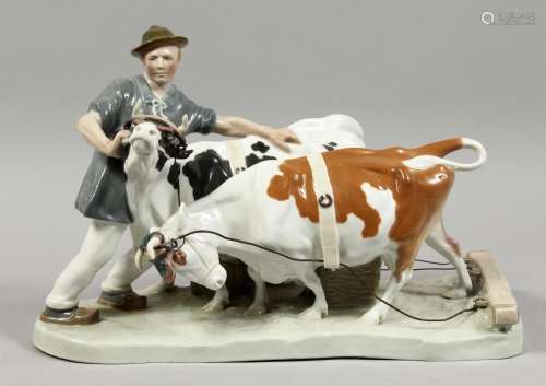 A VERY GOOD LARGE MEISSEN GROUP, FARMER AND TWO COWS. Cross ...