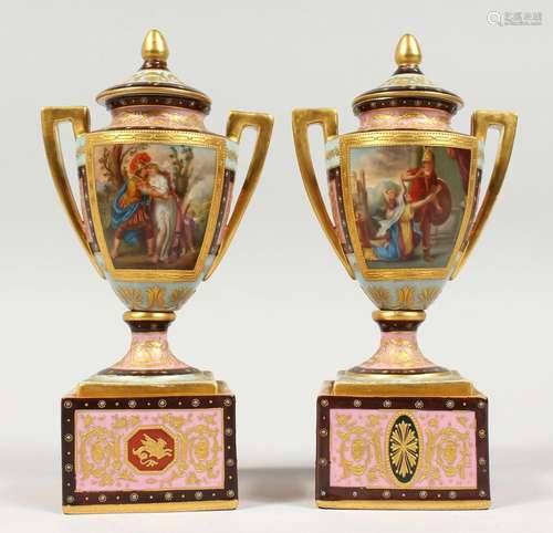 A GOOD SMALL PAIR OF BERLIN PORCELAIN TWO HANDLED URNS, COVE...