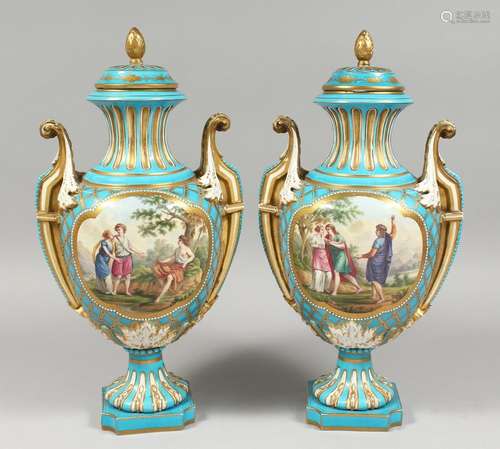 A VERY GOOD PAIR OF 19TH CENTURY SEVRES PORCELAIN TWO HANDLE...