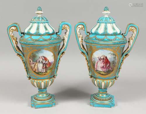 A VERY GOOD PAIR OF 19TH CENTURY SEVRES PORCELAIN TWO HANDLE...