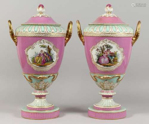 A GOOD PAIR OF 19TH CENTURY BERLIN PORCELAIN TWO HANDLED URN...