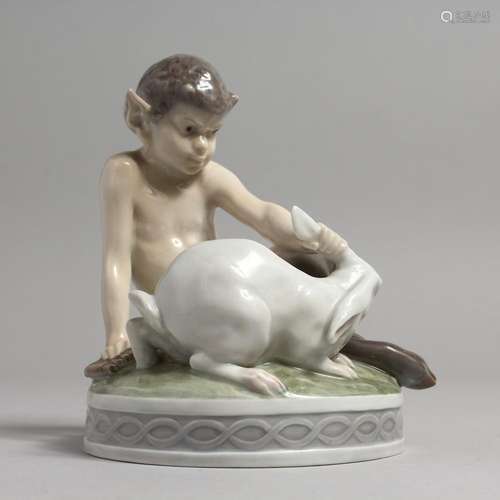 A COPENHAGEN PORCELAIN GROUP, Pan with a rabbit on a circula...