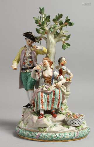 A GOOD MEISSEN PORCELAIN GROUP, a gallant, young lady and gi...