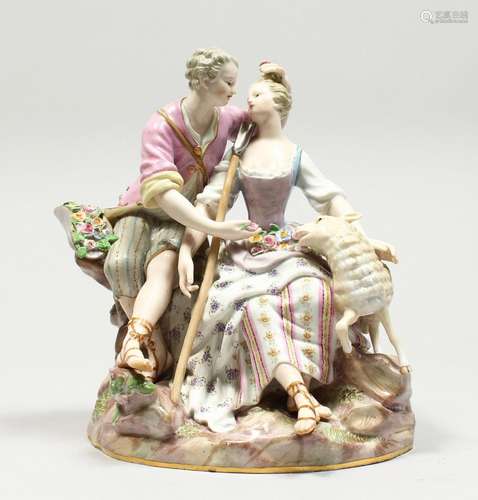 A GOOD LARGE MEISSEN PORCELAIN GROUP OF LOVERS, a lamb by he...