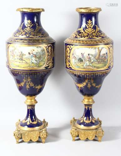 A SUPERB LARGE PAIR OF 19TH CENTURY SEVRES PORCELAIN URNS AN...