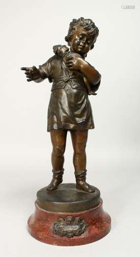 PAUL NOUL. A 19TH CENTURY BRONZE FIGURE OF A YOUNG GIRL hold...