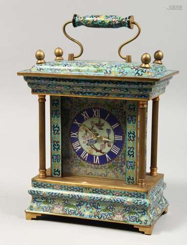 A GOOD CLOISONNE ENAMEL CLOCK, the face painted with flowers...