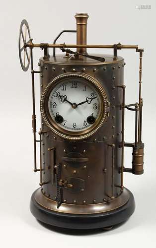 A GOOD INDUSTRIAL BRONZE AND METAL PISTON CLOCK. 16ins high.