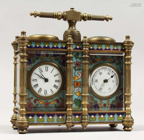 A CLOISONNE ENAMEL AND BRASS DOUBLE CARRIAGE CLOCK. 4ins hig...