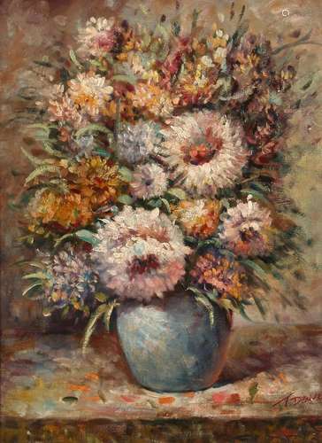 T. DENNERS Flowers in a pottery vase. Signed, oil on canvas....