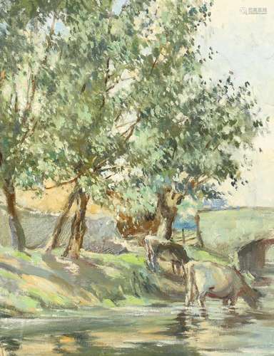 B. S. PEDDER Cattle watering by a bridge. Signed, oil on can...