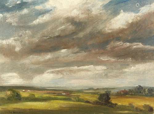 E. A. HARTMAN Landscape across the field. Signed, oil on can...