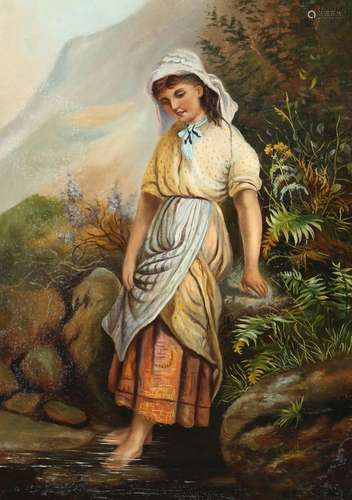 19TH CENTURY ENGLISH SCHOOL A girl standing beside a mountai...