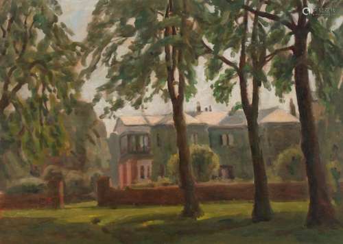 JOHN BROWN A house through the trees. Monogrammed. Oil on pa...