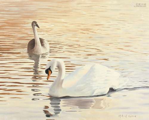 MICHAEL WOOD Swans. Signed, oil on canvas. 16ins x 20ins.