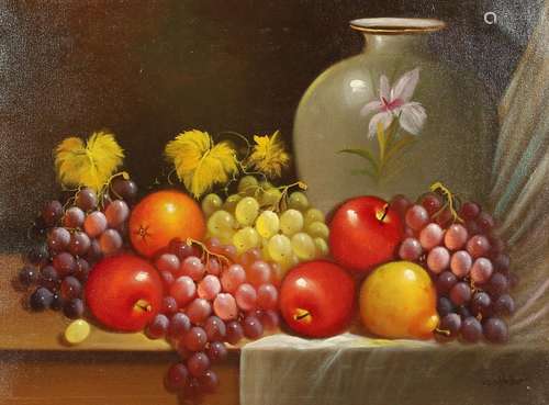 STILL LIFE, fruit on a ledge. Signed, oil on canvas. 18ins x...