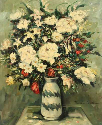 RACHEL AUSTIN Flowers in a vase. Signed, oil on canvas. 23in...