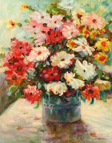 L. WEYMAN Flowers in a vase. Signed, oil on canvas. 21ins x ...