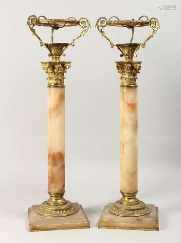 A GOOD PAIR OF 19TH CENTURY ALABASTER CORINTHIAN COLUMN LAMP...