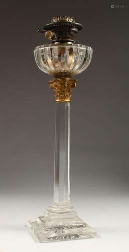 A GOOD VICTORIAN GLASS OIL LAMP on a stamped square base. 23...