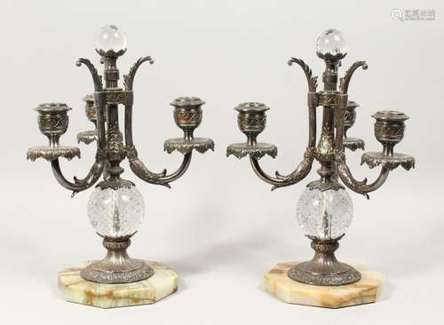 PAIRPOINT - A GOOD PAIR OF SILVER PLATED, GLASS AND ALABASTE...