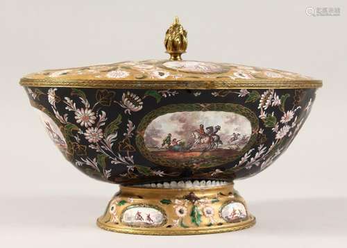 A VERY GOOD 19TH CENTURY ENAMEL CIRCULAR TUREEN AND COVER wi...