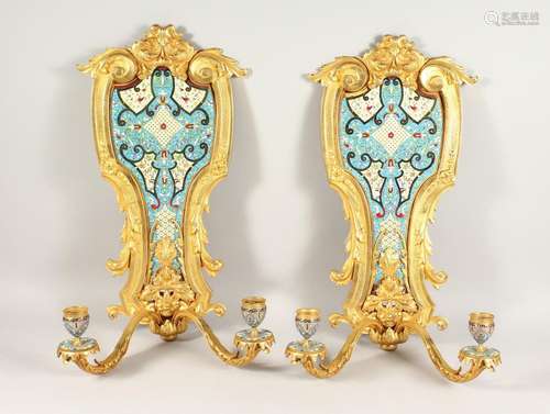 A SUPERB PAIR OF FRENCH, ORMOLU AND ENAMEL TWO LIGHT WALL SC...