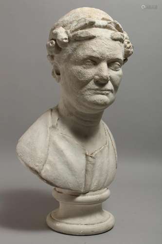 AFTER THE ANTIQUE A PLASTER BUST on a circular base. 21ins h...