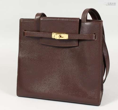 A POURCHET OF PARIS BROWN LEATHER HANDBAG. 11ins x 10.5ins.