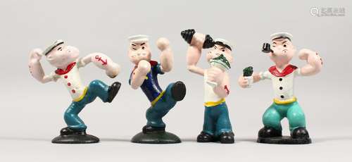 FOUR PAINTED CAST IRON POPEYE FIGURES. 5.5ins high.