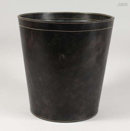 A ROUND LEATHER WASTE PAPER BIN. 12ins high.