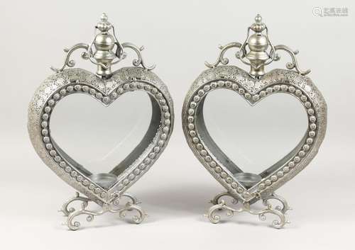 A PAIR OF METAL HEART SHAPED HANGING LAMPS. 22ins.