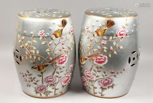 A PAIR OF SILVERED CHINESE PORCELAIN BARREL SEATS with flowe...