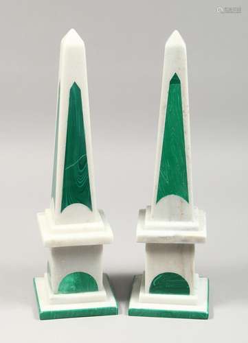 A PAIR OF TWO-COLOUR MARBLE OBELISKS on square bases. 16.5in...