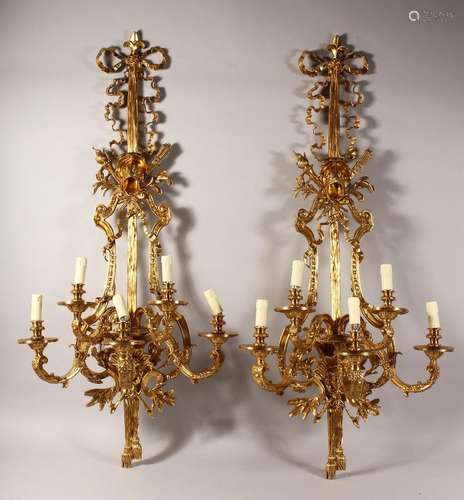 A SUPERB PAIR OF LARGE BRONZE FIVE LIGHT WALL SCONCES with s...