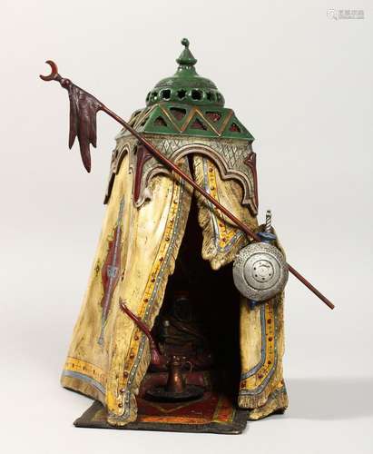 A VERY GOOD VIENNA PAINTED BRONZE TENT, a seated figure insi...