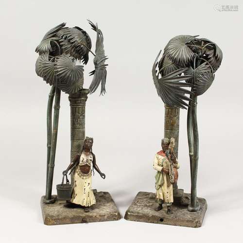 A VERY GOOD PAIR OF VIENNA PAINTED COLD CAST LAMPS, figures ...