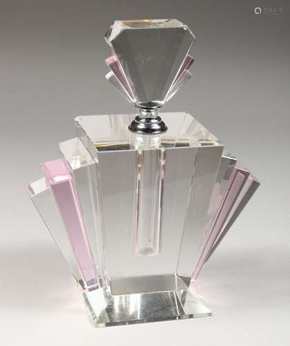 A PINK ART DECO GLASS SCENT BOTTLE AND STOPPER. 9.5ins high.