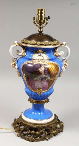 A PARIS PORCELAIN TWO-HANDLED VASE converted to a lamp, on o...